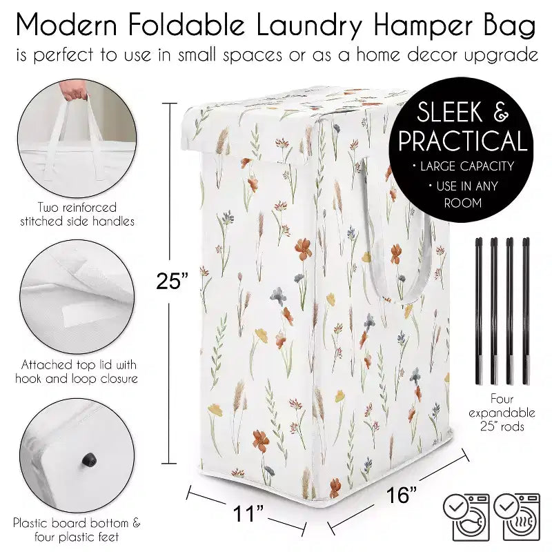 Cesto de ropa plegable para niña con asas, diseño floral de jardín en acuarela, multicolor