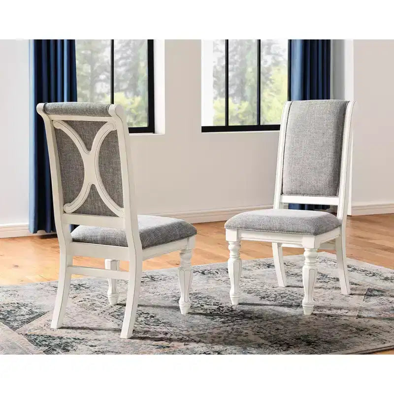 Roundhill Furniture Belleza Solid Wood Upholstered Dining Chairs, Antique White, Set of 2