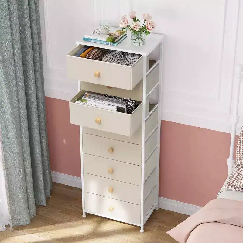 Cómoda vertical de 8 cajones Cómodas para dormitorio Torre de almacenamiento con estructura de acero resistente Tapa de madera Contenedores de tela de fácil extracción Asas