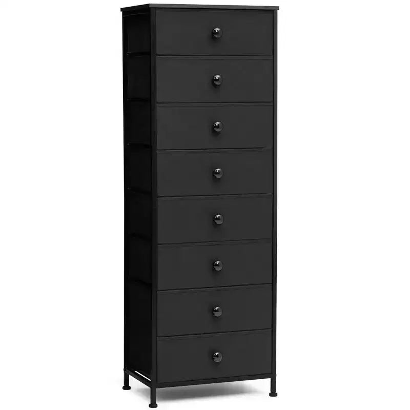 Cómoda vertical de 8 cajones Cómodas para dormitorio Torre de almacenamiento con estructura de acero resistente Tapa de madera Contenedores de tela de fácil extracción Asas