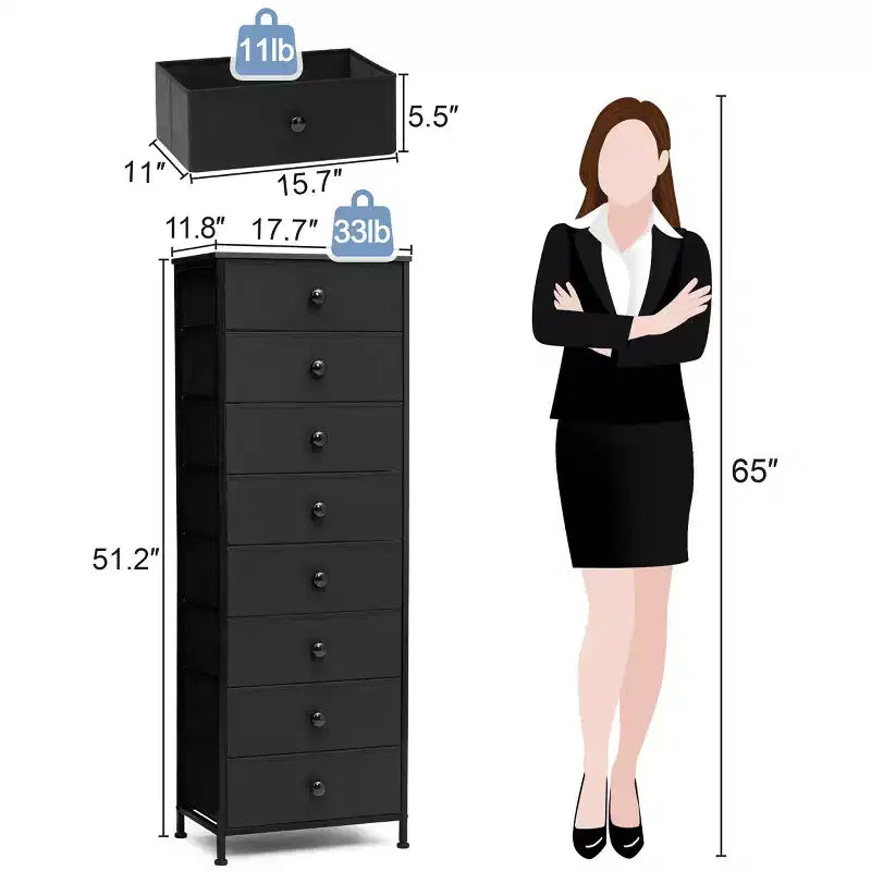 Cómoda vertical de 8 cajones Cómodas para dormitorio Torre de almacenamiento con estructura de acero resistente Tapa de madera Contenedores de tela de fácil extracción Asas