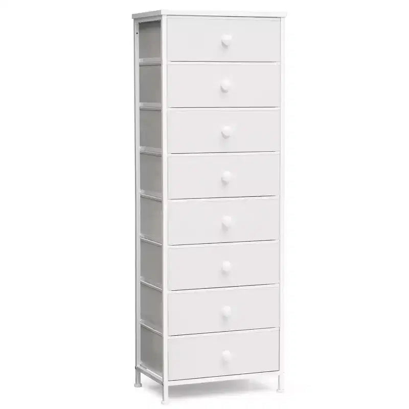 Cómoda vertical de 8 cajones Cómodas para dormitorio Torre de almacenamiento con estructura de acero resistente Tapa de madera Contenedores de tela de fácil extracción Asas