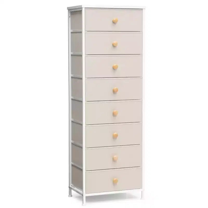Cómoda vertical de 8 cajones Cómodas para dormitorio Torre de almacenamiento con estructura de acero resistente Tapa de madera Contenedores de tela de fácil extracción Asas