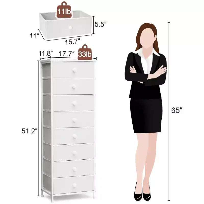 Cómoda vertical de 8 cajones Cómodas para dormitorio Torre de almacenamiento con estructura de acero resistente Tapa de madera Contenedores de tela de fácil extracción Asas