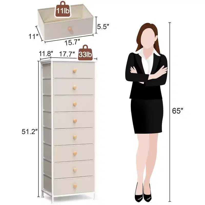 Cómoda vertical de 8 cajones Cómodas para dormitorio Torre de almacenamiento con estructura de acero resistente Tapa de madera Contenedores de tela de fácil extracción Asas