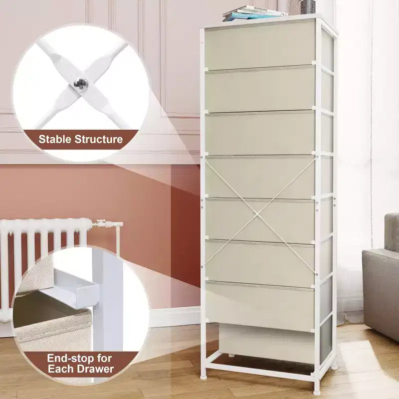 Cómoda vertical de 8 cajones Cómodas para dormitorio Torre de almacenamiento con estructura de acero resistente Tapa de madera Contenedores de tela de fácil extracción Asas