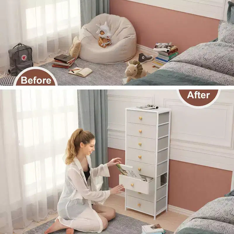 Cómoda vertical de 8 cajones Cómodas para dormitorio Torre de almacenamiento con estructura de acero resistente Tapa de madera Contenedores de tela de fácil extracción Asas