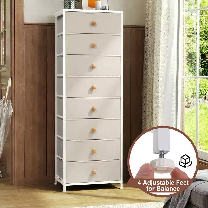 Cómoda vertical de 8 cajones Cómodas para dormitorio Torre de almacenamiento con estructura de acero resistente Tapa de madera Contenedores de tela de fácil extracción Asas