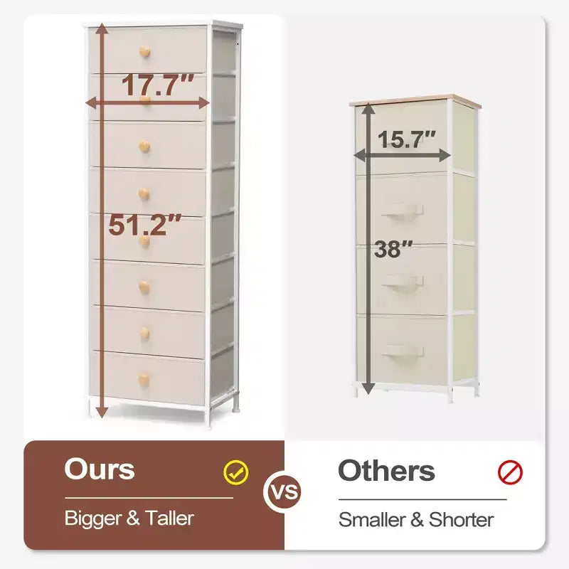 Cómoda vertical de 8 cajones Cómodas para dormitorio Torre de almacenamiento con estructura de acero resistente Tapa de madera Contenedores de tela de fácil extracción Asas
