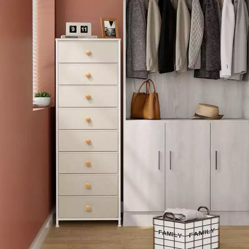 Cómoda vertical de 8 cajones Cómodas para dormitorio Torre de almacenamiento con estructura de acero resistente Tapa de madera Contenedores de tela de fácil extracción Asas