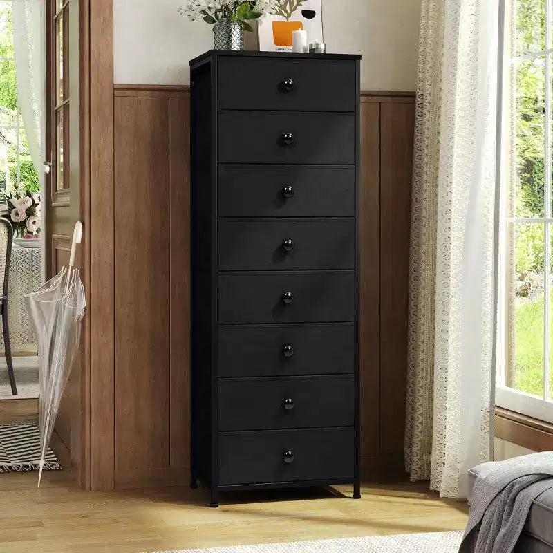 Cómoda vertical de 8 cajones Cómodas para dormitorio Torre de almacenamiento con estructura de acero resistente Tapa de madera Contenedores de tela de fácil extracción Asas