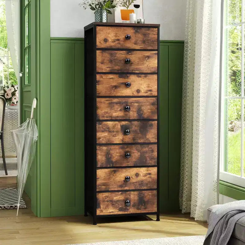 Cómoda vertical de 8 cajones Cómodas para dormitorio Torre de almacenamiento con estructura de acero resistente Tapa de madera Contenedores de tela de fácil extracción Asas