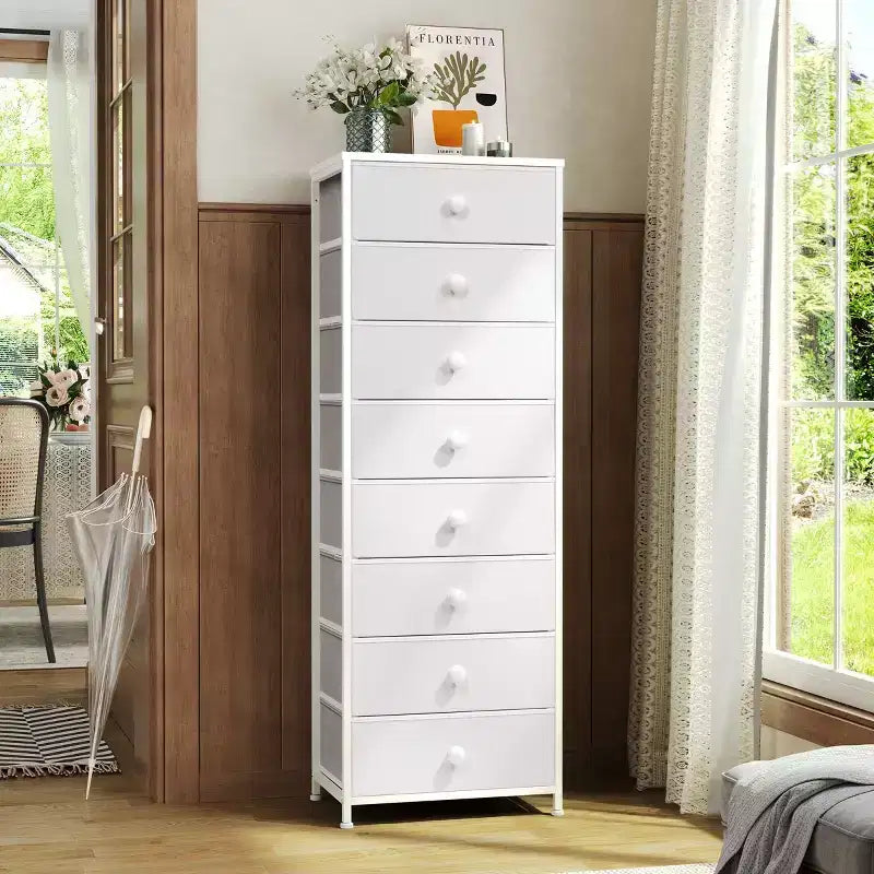Cómoda vertical de 8 cajones Cómodas para dormitorio Torre de almacenamiento con estructura de acero resistente Tapa de madera Contenedores de tela de fácil extracción Asas