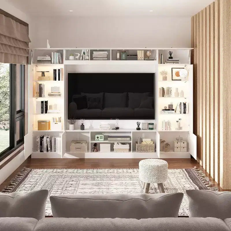 Mueble de TV envolvente grande para centro de entretenimiento con almacenamiento e iluminación ambiental