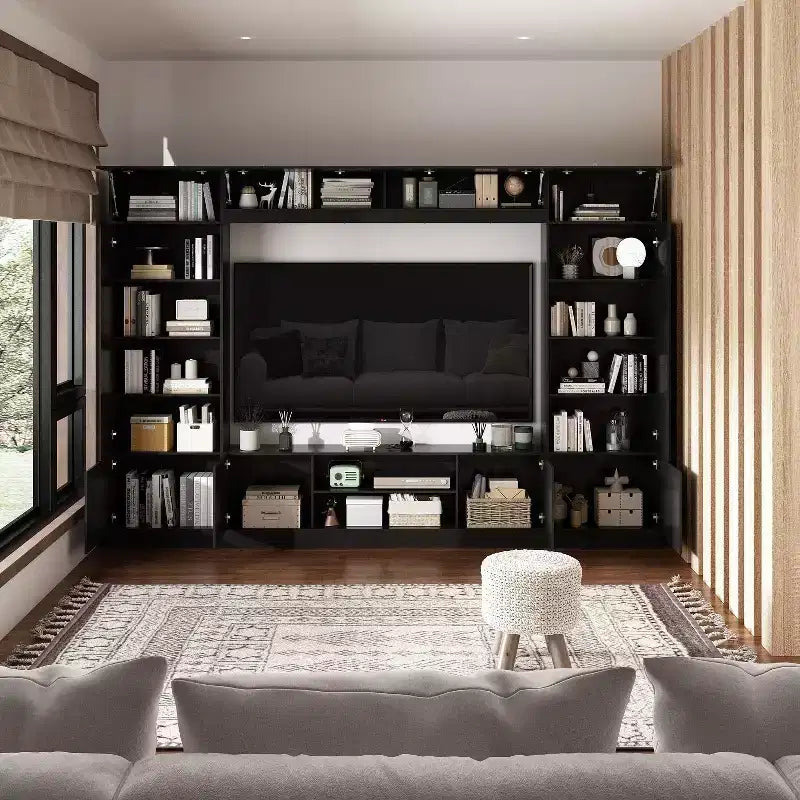Mueble de TV envolvente grande para centro de entretenimiento con almacenamiento e iluminación ambiental