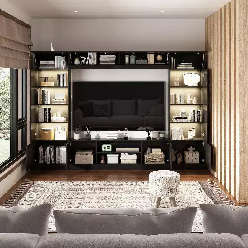 Mueble de TV envolvente grande para centro de entretenimiento con almacenamiento e iluminación ambiental