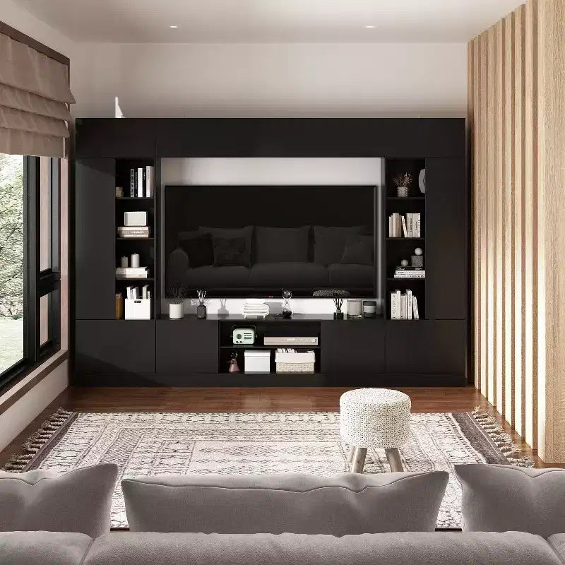 Mueble de TV envolvente grande para centro de entretenimiento con almacenamiento e iluminación ambiental