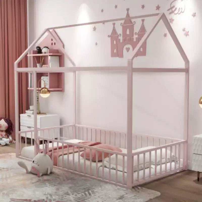 Cama de metal individual con forma de casa y valla, para niños, adolescentes, niñas, niños, rosa