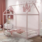 Cama de metal individual con forma de casa y valla, para niños, adolescentes, niñas, niños, rosa
