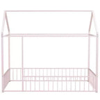 Cama de metal individual con forma de casa y valla, para niños, adolescentes, niñas, niños, rosa