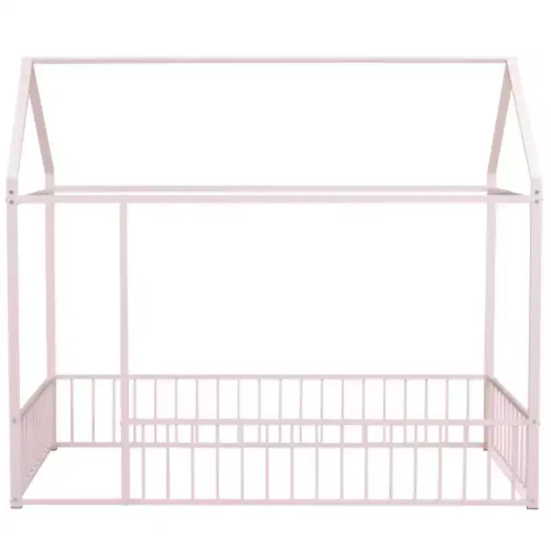 Cama de metal individual con forma de casa y valla, para niños, adolescentes, niñas, niños, rosa