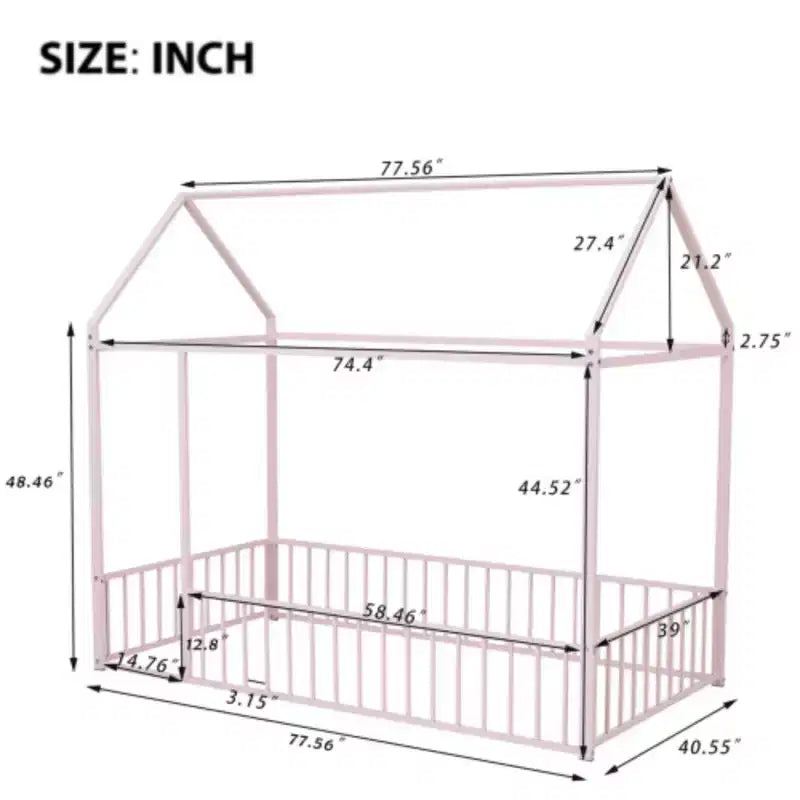 Cama de metal individual con forma de casa y valla, para niños, adolescentes, niñas, niños, rosa