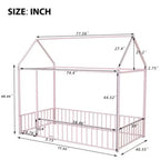 Cama de metal individual con forma de casa y valla, para niños, adolescentes, niñas, niños, rosa