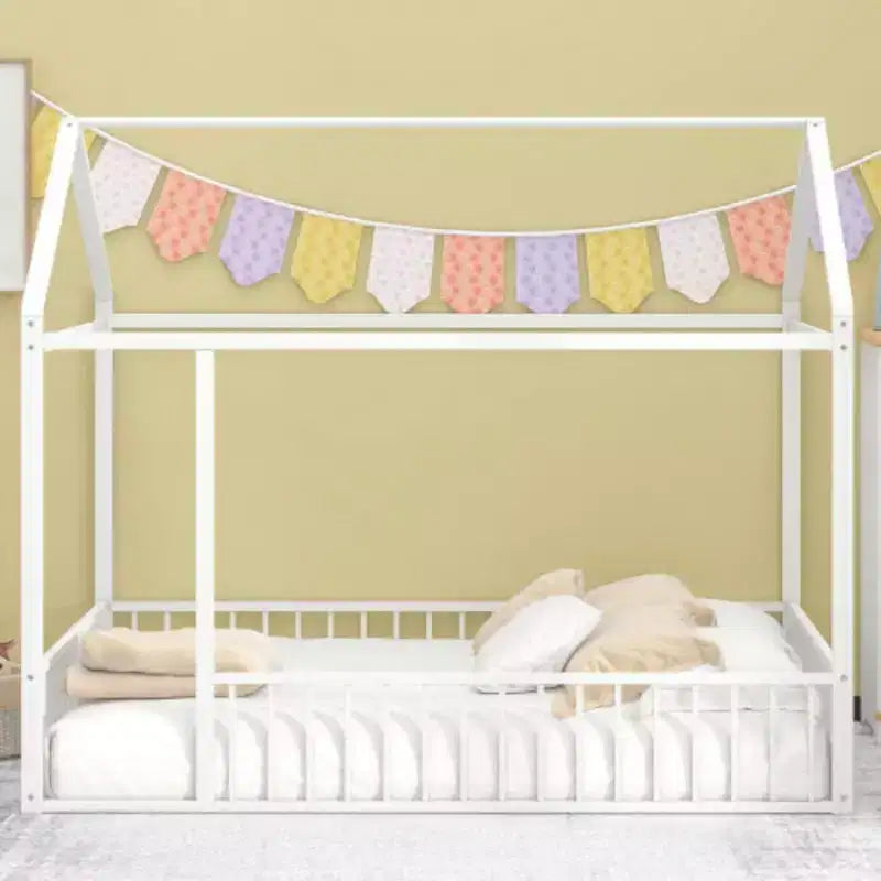 Cama de metal individual con forma de casa y valla, para niños, adolescentes, niñas, niños, rosa