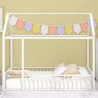 Cama de metal individual con forma de casa y valla, para niños, adolescentes, niñas, niños, rosa