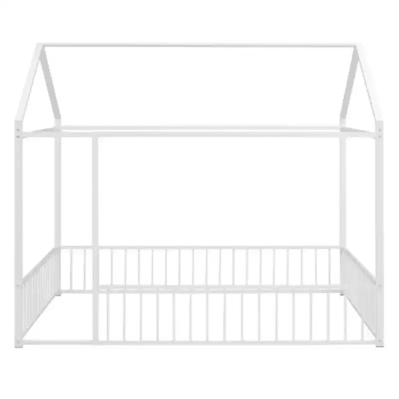 Cama de metal individual con forma de casa y valla, para niños, adolescentes, niñas, niños, rosa