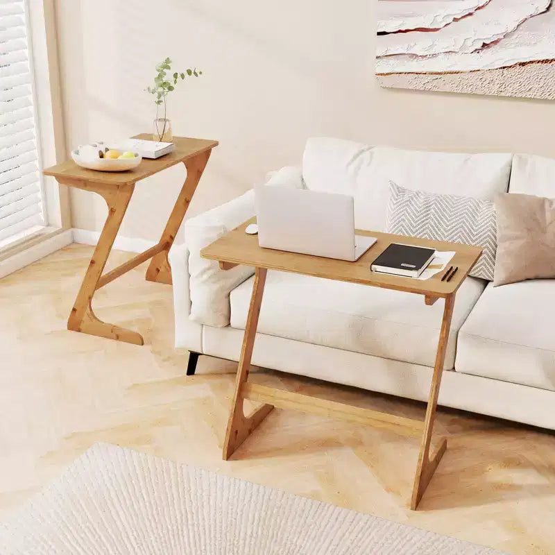 Mesa auxiliar de bambú para sofá, en forma de Z, tablero espacioso, ahorro de espacio, bandeja para aperitivos de TV