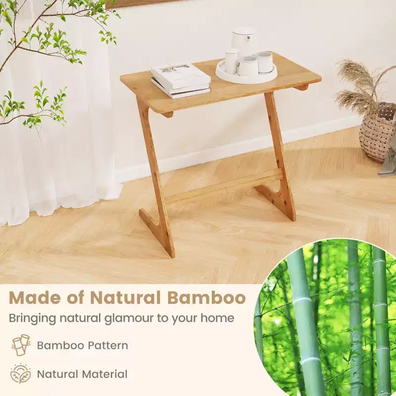 Mesa auxiliar de bambú para sofá, en forma de Z, tablero espacioso, ahorro de espacio, bandeja para aperitivos de TV