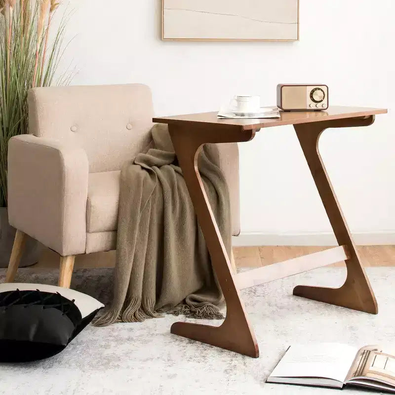 Mesa auxiliar de bambú para sofá, en forma de Z, tablero espacioso, ahorro de espacio, bandeja para aperitivos de TV