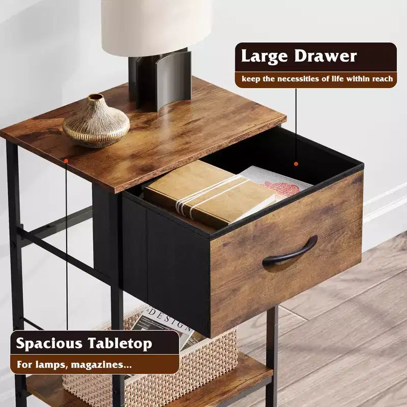 Mesa auxiliar con cajón de tela para almacenamiento, mesita de noche con marco de acero, mesa auxiliar para dormitorio, dormitorio universitario, fácil montaje