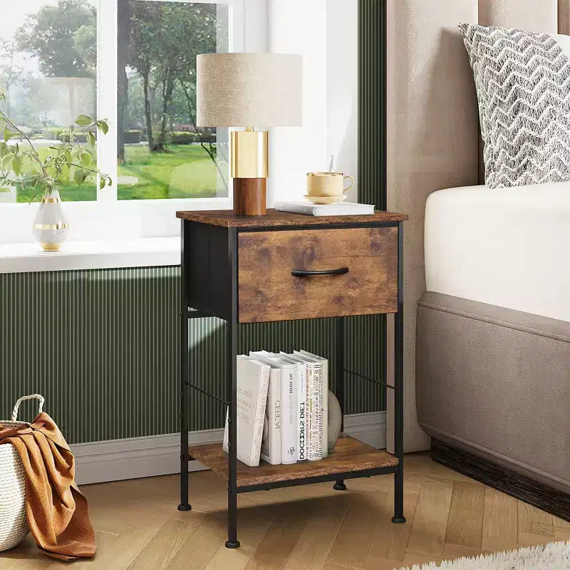 Mesa auxiliar con cajón de tela para almacenamiento, mesita de noche con marco de acero, mesa auxiliar para dormitorio, dormitorio universitario, fácil montaje