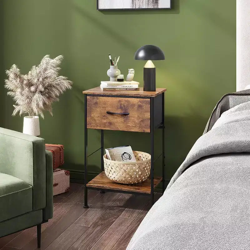 Mesa auxiliar con cajón de tela para almacenamiento, mesita de noche con marco de acero, mesa auxiliar para dormitorio, dormitorio universitario, fácil montaje
