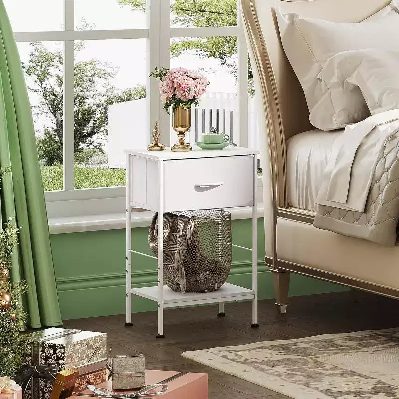 Mesa auxiliar con cajón de tela para almacenamiento, mesita de noche con marco de acero, mesa auxiliar para dormitorio, dormitorio universitario, fácil montaje