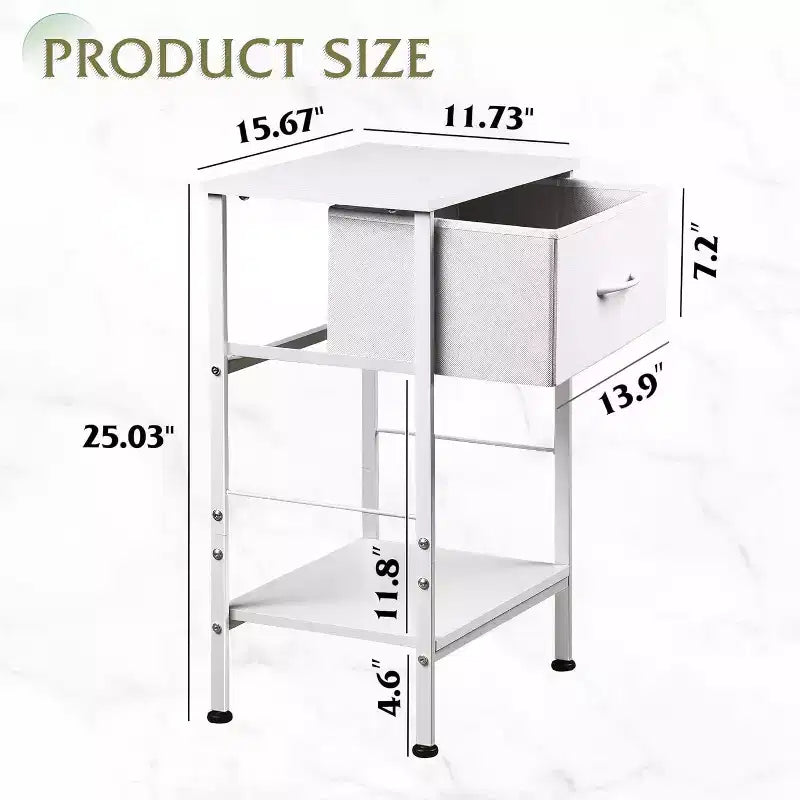 Mesa auxiliar con cajón de tela para almacenamiento, mesita de noche con marco de acero, mesa auxiliar para dormitorio, dormitorio universitario, fácil montaje