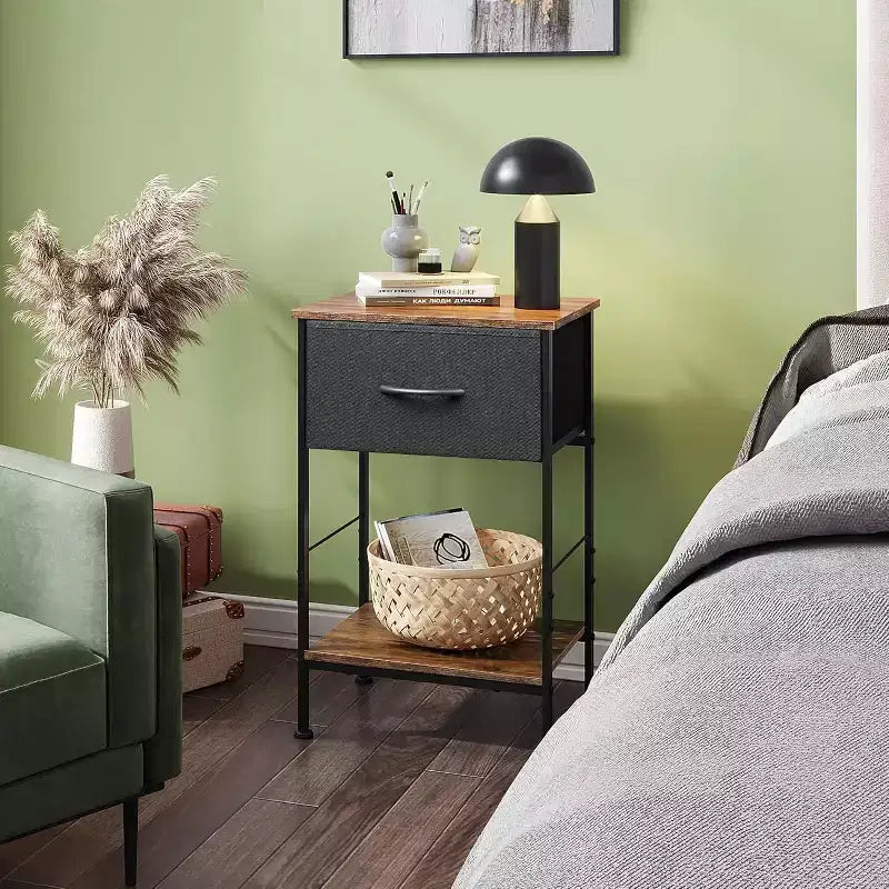 Mesa auxiliar con cajón de tela para almacenamiento, mesita de noche con marco de acero, mesa auxiliar para dormitorio, dormitorio universitario, fácil montaje