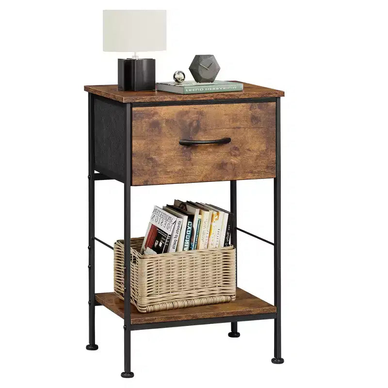 Mesa auxiliar con cajón de tela para almacenamiento, mesita de noche con marco de acero, mesa auxiliar para dormitorio, dormitorio universitario, fácil montaje