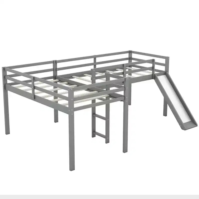 Cama alta doble en forma de L de madera de 118,2 x 77,8 pulgadas con escalera y tobogán