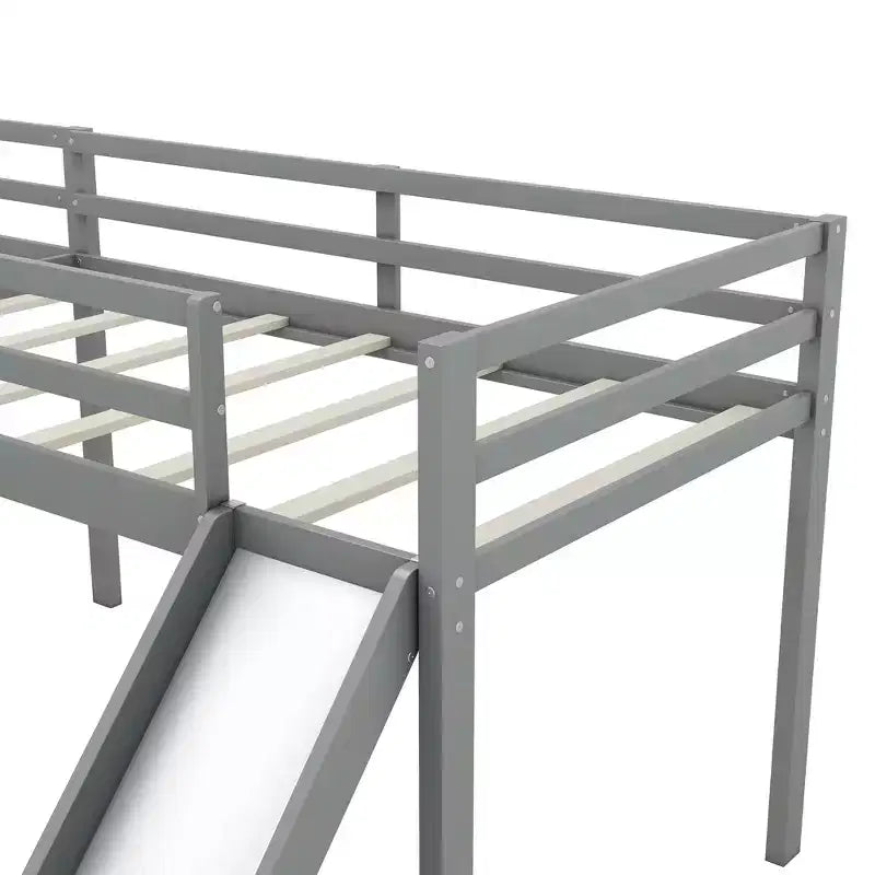 Cama alta doble en forma de L de madera de 118,2 x 77,8 pulgadas con escalera y tobogán