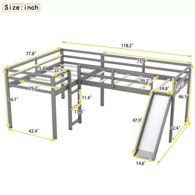 Cama alta doble en forma de L de madera de 118,2 x 77,8 pulgadas con escalera y tobogán