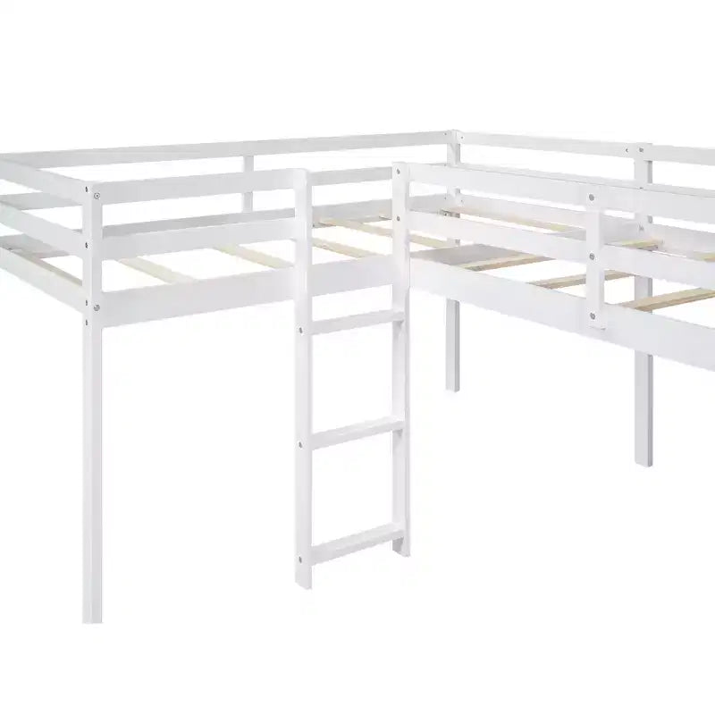 Cama alta doble en forma de L de madera de 118,2 x 77,8 pulgadas con escalera y tobogán