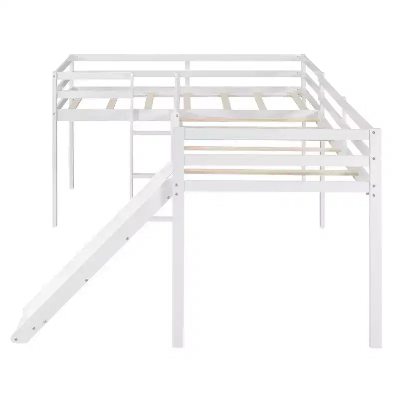 Cama alta doble en forma de L de madera de 118,2 x 77,8 pulgadas con escalera y tobogán