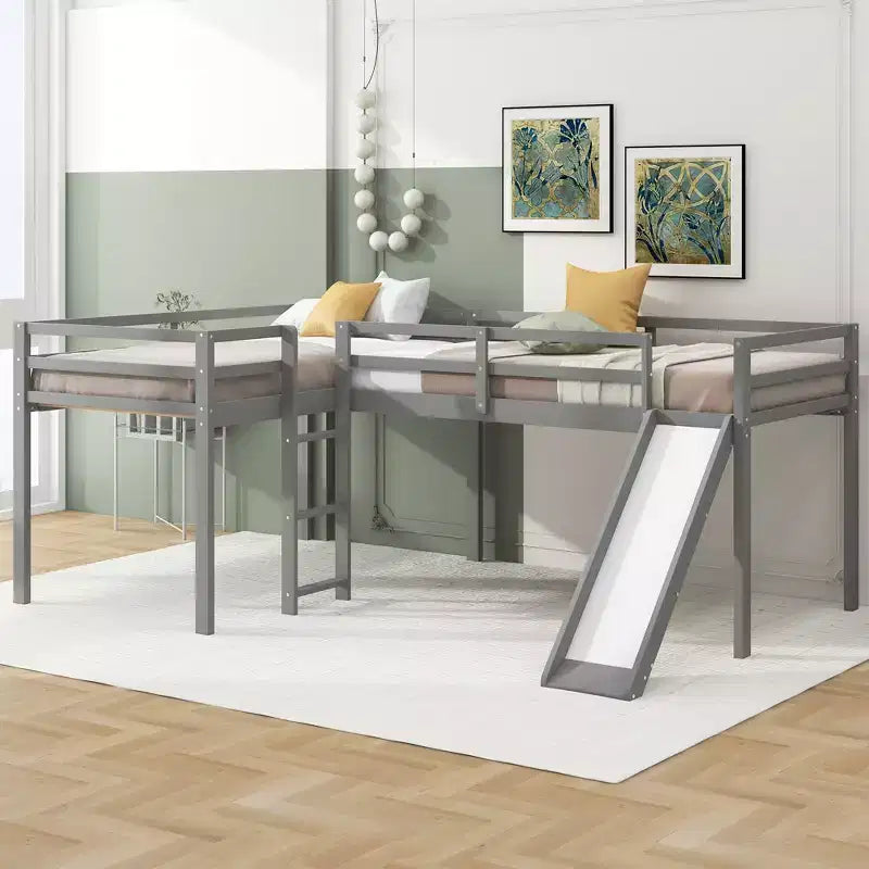 Cama alta doble en forma de L de madera de 118,2 x 77,8 pulgadas con escalera y tobogán