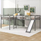 Cama alta doble en forma de L de madera de 118,2 x 77,8 pulgadas con escalera y tobogán
