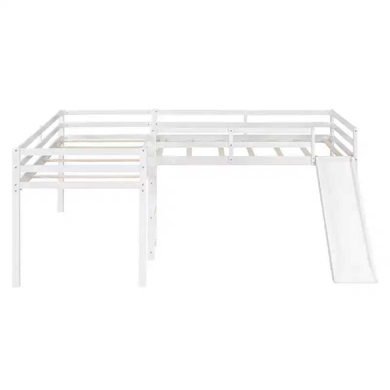 Cama alta doble en forma de L de madera de 118,2 x 77,8 pulgadas con escalera y tobogán