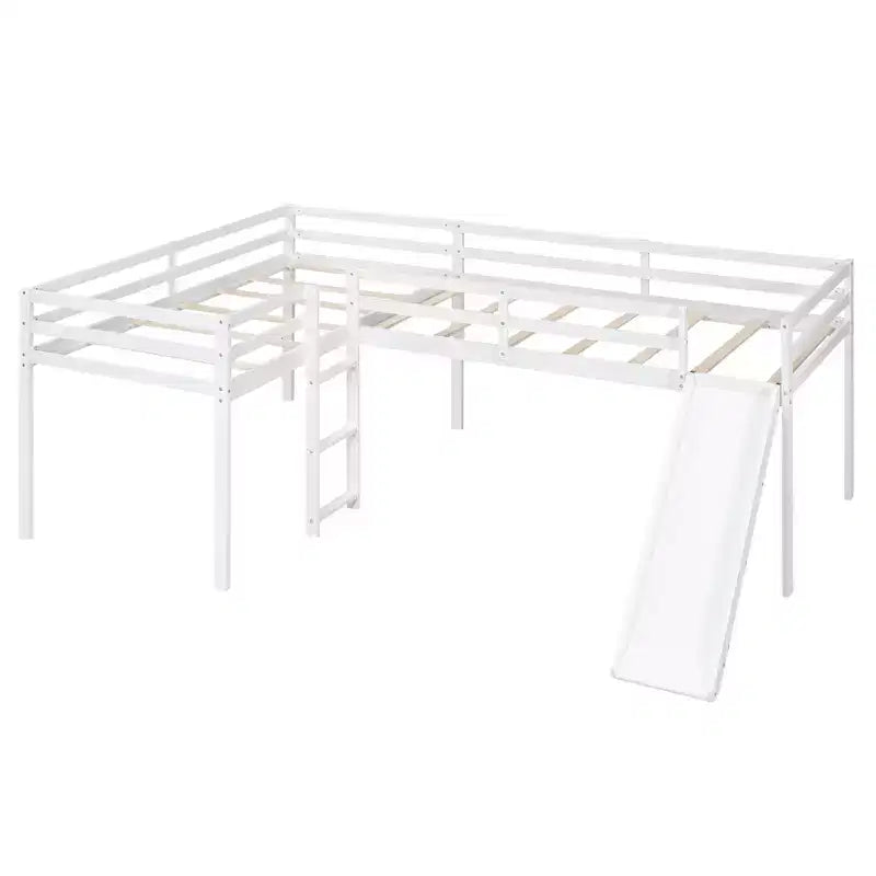 Cama alta doble en forma de L de madera de 118,2 x 77,8 pulgadas con escalera y tobogán