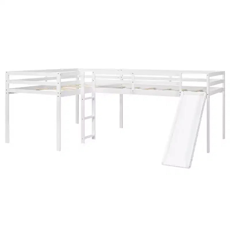 Cama alta doble en forma de L de madera de 118,2 x 77,8 pulgadas con escalera y tobogán